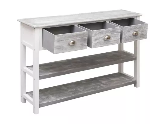 Console 3 tiroirs 2 étagères paulownia blanc et gris Amatar