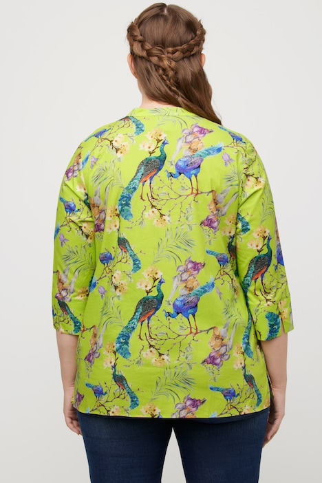 Bluse, Pfauen, Stehkragen, V-Ausschnitt, 3/4-Arm