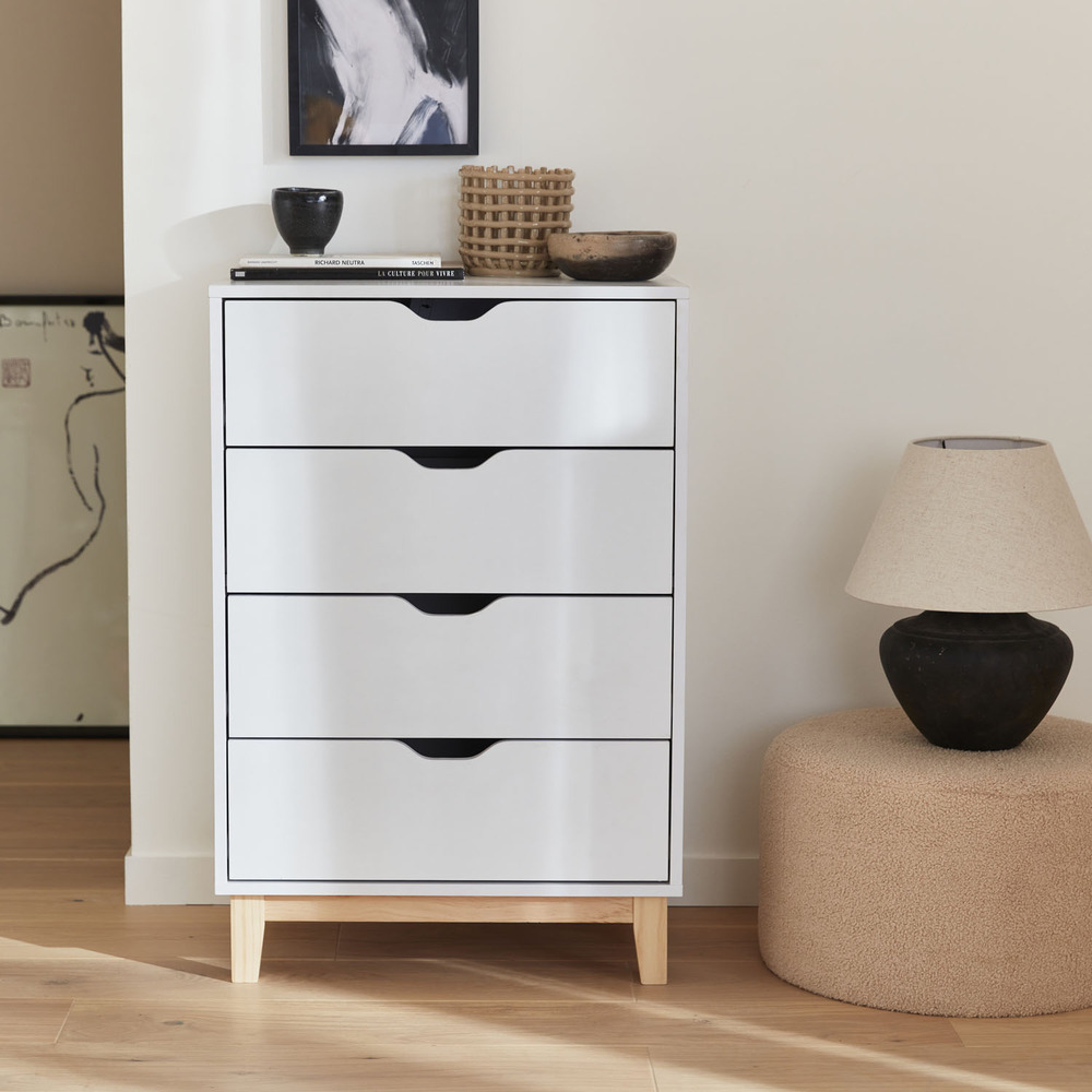 Commode blanche scandinave - floki - pieds en bois de sapin. 4 tiroirs. 60x40x90cm