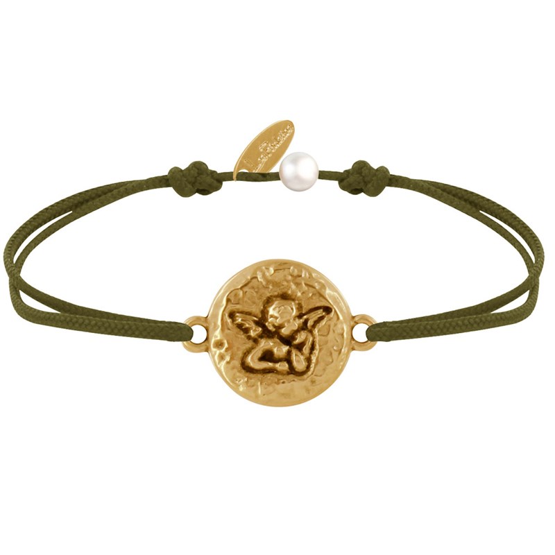 Bracelet Lien Médaille Ronde Martelée Laiton Doré Ange Raphaël - Vert kaki