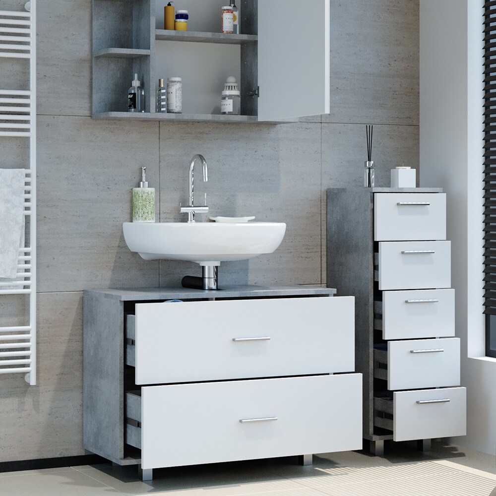 VICCO Badmöbel Set ILIAS Weiß Beton Spiegel Kommode Unterschrank Badschrank