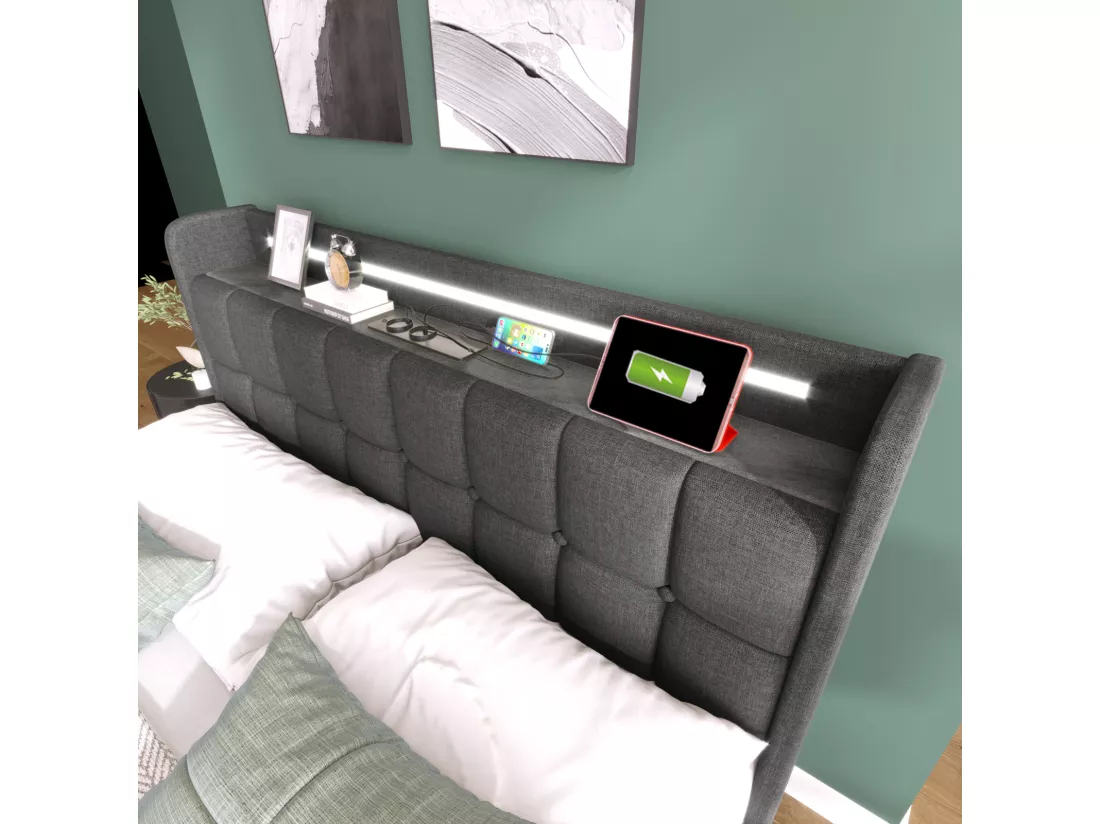 Lit 160x200cm avec tiroirs, Lit double capitonné avec rangement, éclairage LED, 2 chargeurs USB, lit adulte, sommier à lattes, gris