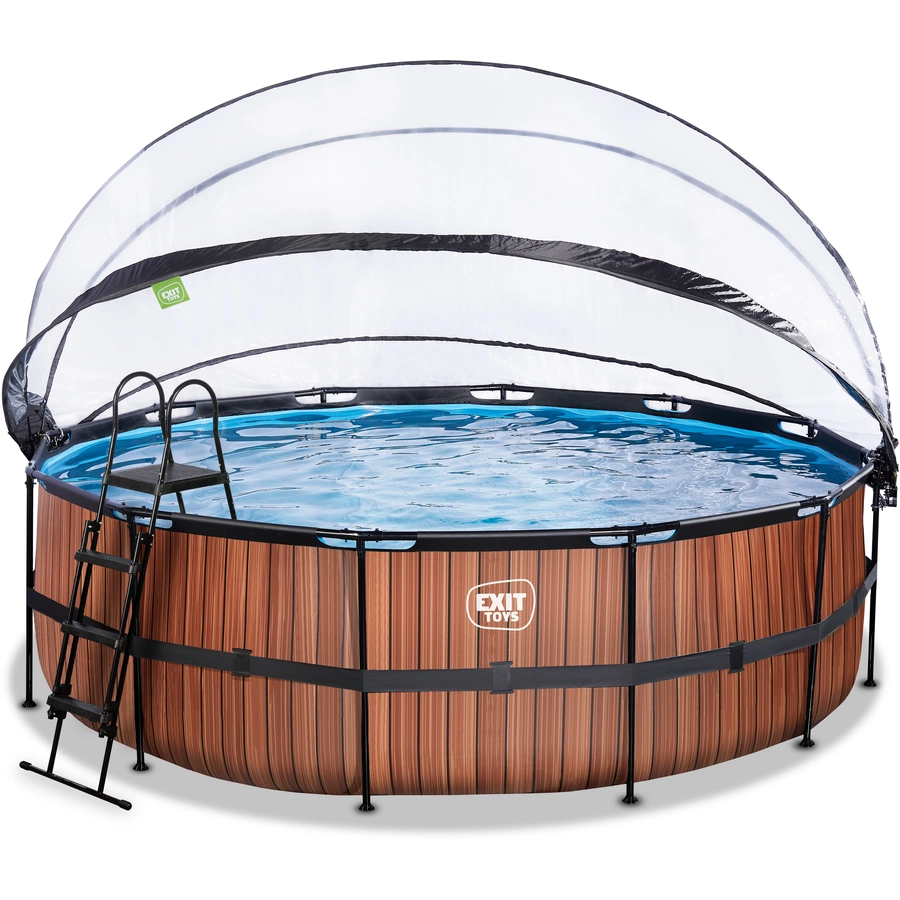 EXIT Wood Pool ø450x122cm mit Abdeckung, Sandfilter- und Wärmepumpe,  braun