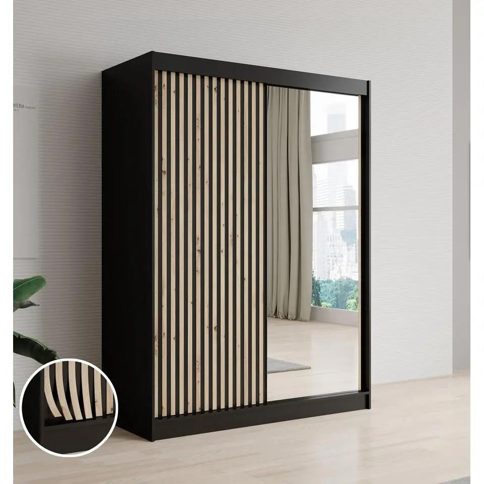 Meubella - Kledingkast Lisbon 2 - Zwart - 150 cm - Met spiegel