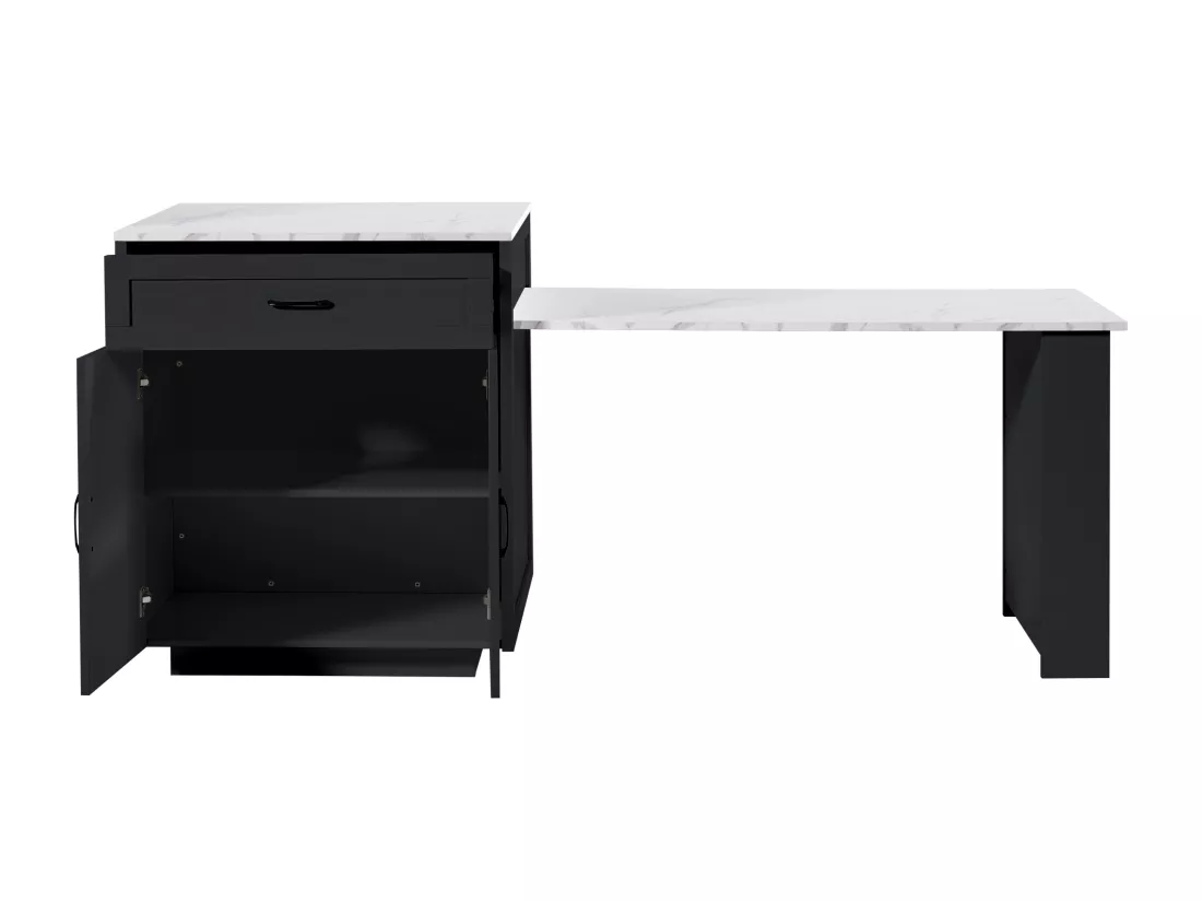 Ilot central de cuisine avec 2 portes et 2 tiroirs - Plateau extensible - Comptoirs en marbre artificiel - 133(202)x59x93.5 cm - 2 à 6 personnes - Noir +Blanc