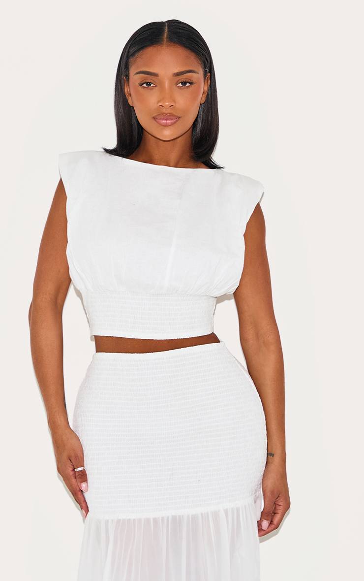 Blanc Top Shape Col Bateau Froncé Taille Cintrée