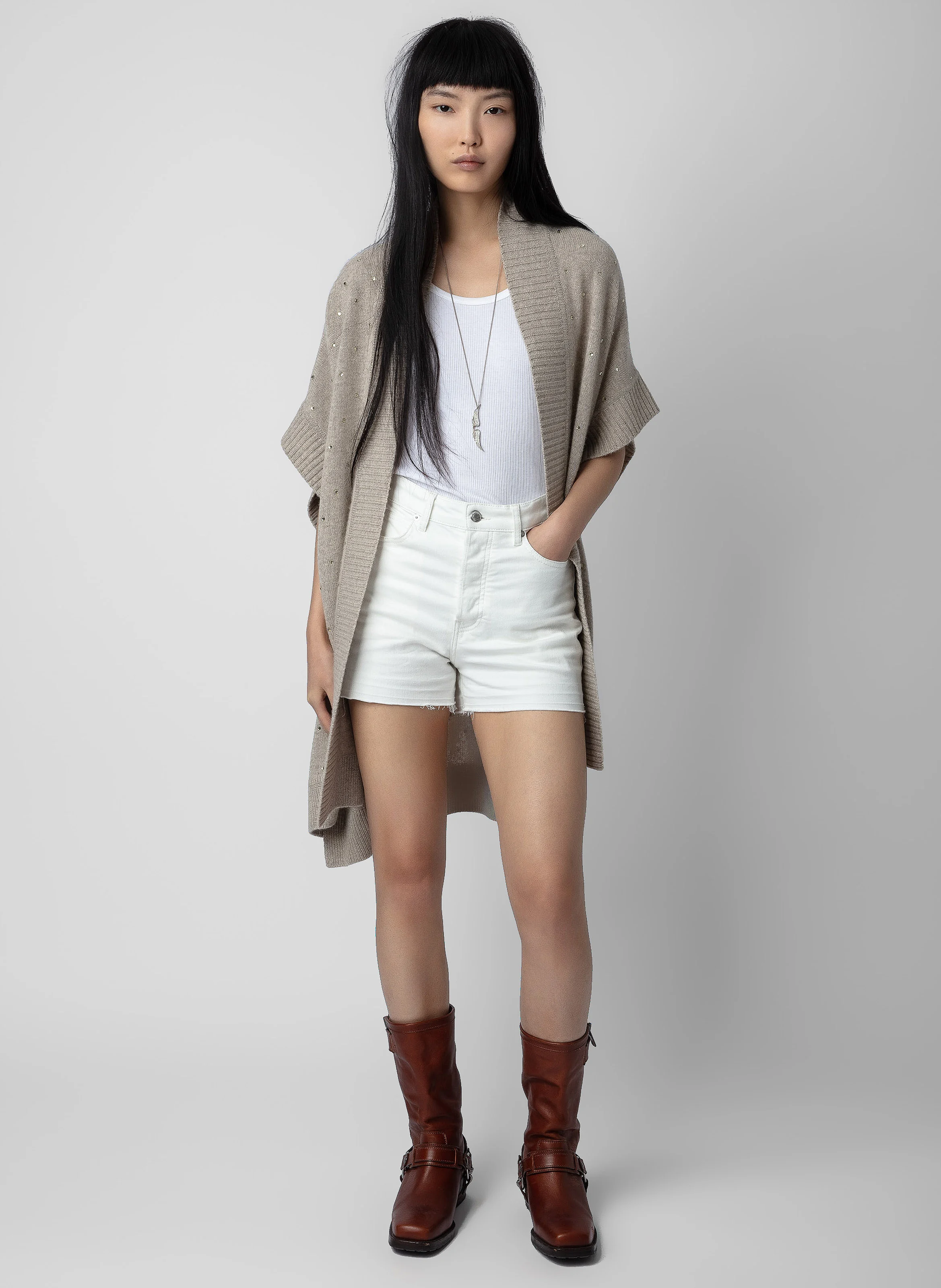 INDIANY - Gilet mi-long à strass en cachemire| Marron