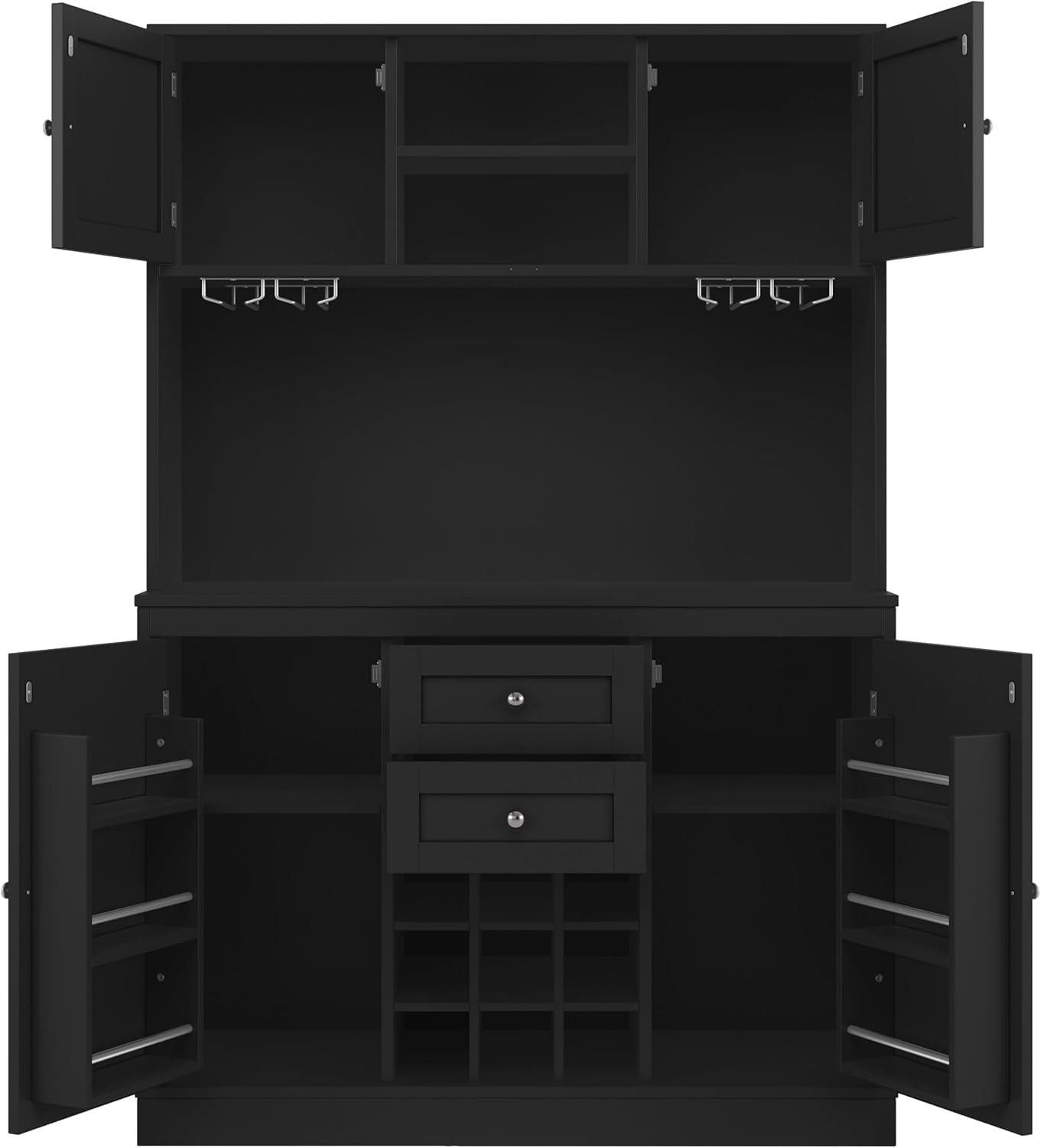 Küchenschrank mit verstellbaren Ablagen & Weinregal, Hochschrank Küchenbuffet mit 4 Türen & 2 Schubladen, Sideboard für Küche & Wohnzimmer, Buffetschrank, Schwarz