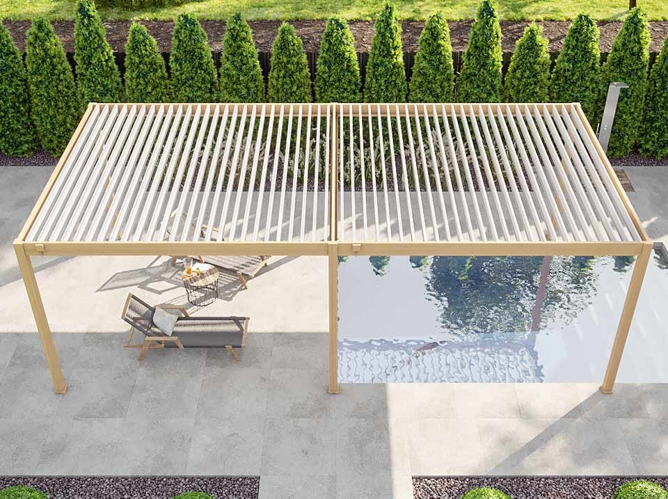 Pergola bioclimatique 4x8m autoportee eclipse 32 - effet bois - 50 lames orientables 120° - structure en aluminium
