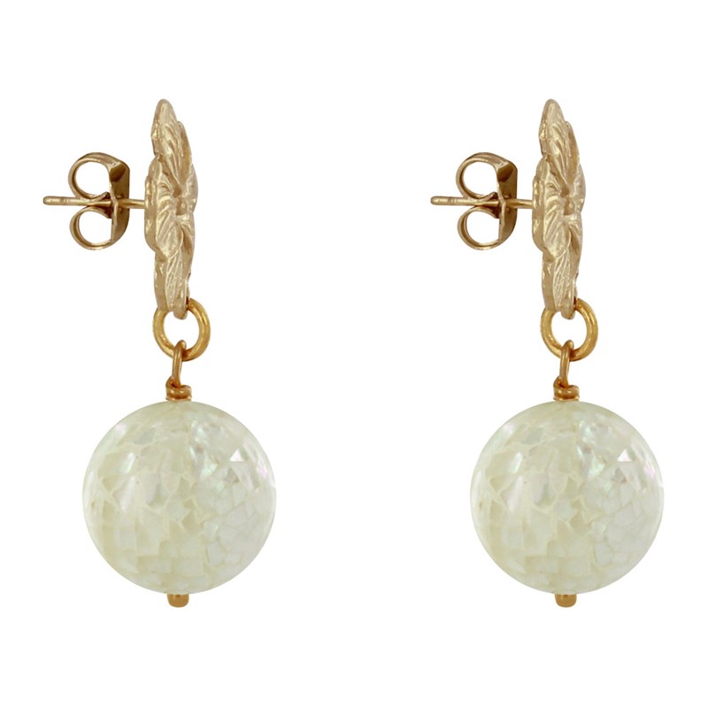 Boucles d'Oreilles Clous Métal Doré Fleur et Perle de Nacre Facettée