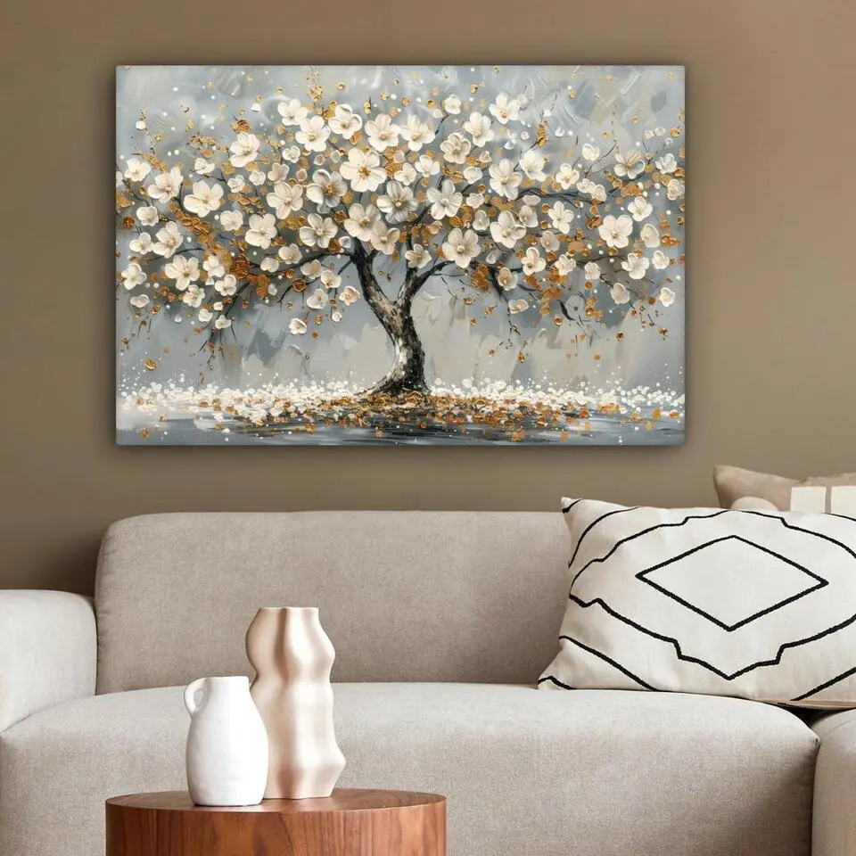 MuchoWow Canvas Schilderij 90x60cm Boom Bloemen Wit Natuur