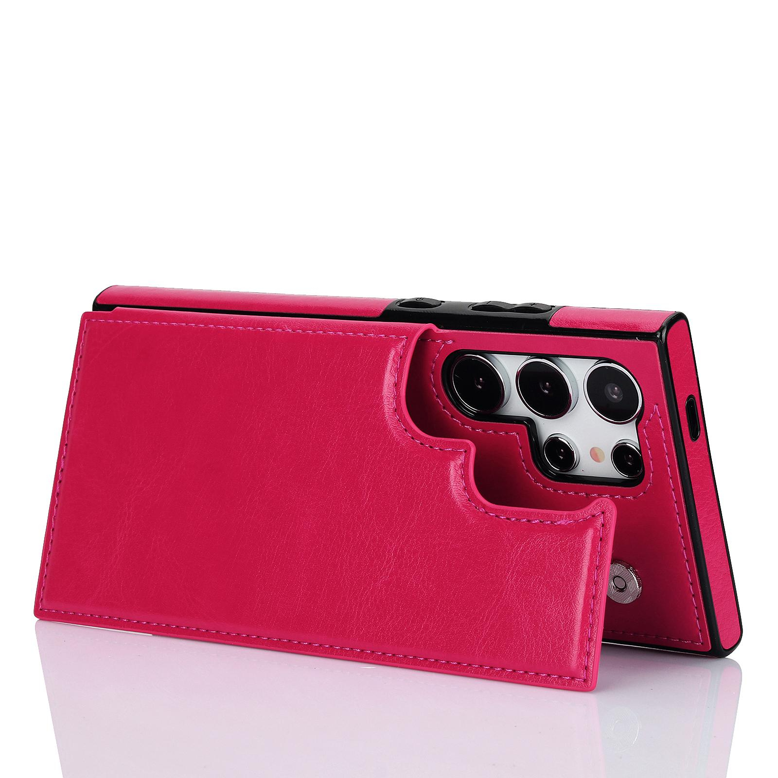 Samsung Galaxy S24 Ultra Hybrid Leder Hülle mit Kartenfach   Kickstand Aufsteller - Pink