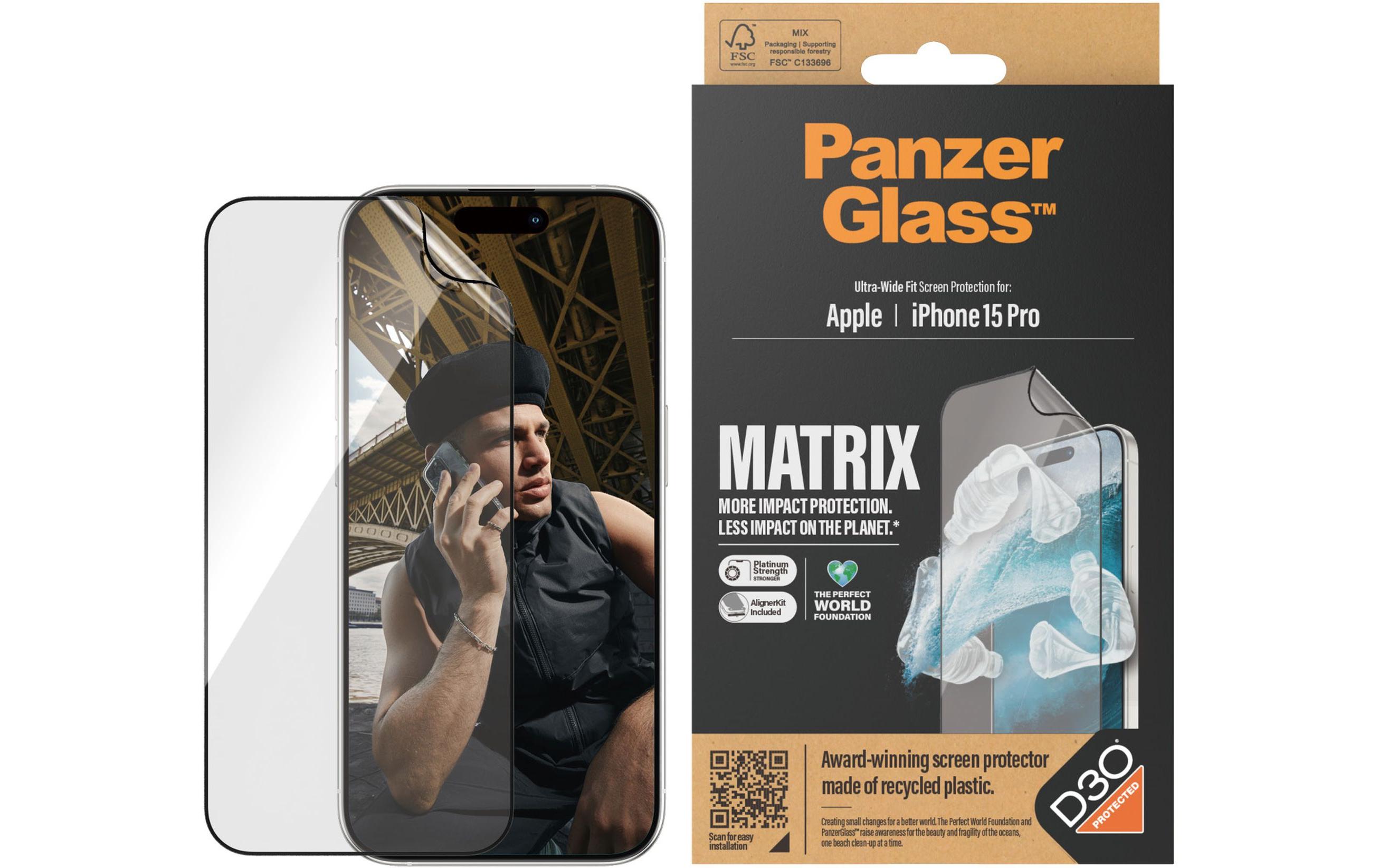 Displayschutz Matrix iPhone 15 ProDisplayschutzfolie mit Applicator und D30 (Rec. PET) für das Apple iPhone 15 Pro