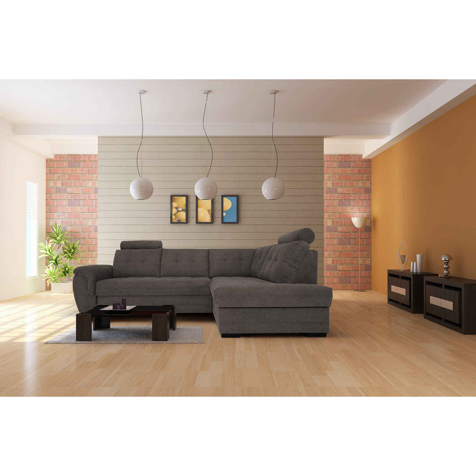 Ecksofa - stone - Velours - Liegefunktion - Staukasten rechts