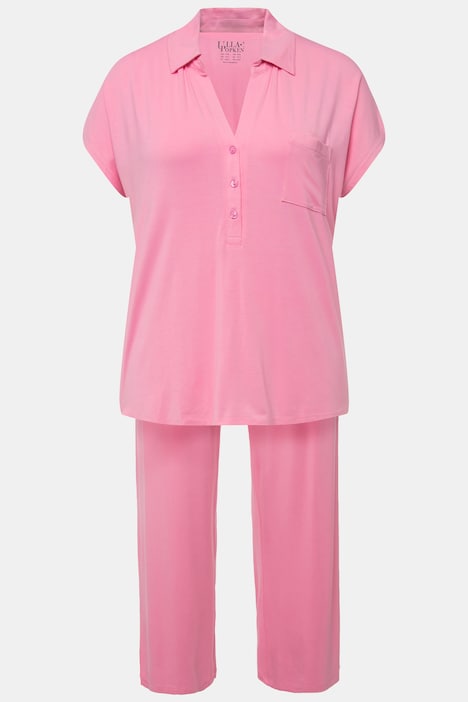 Pyjama, Oversized, Hemdkragen, V-Ausschnitt, Halbarm
