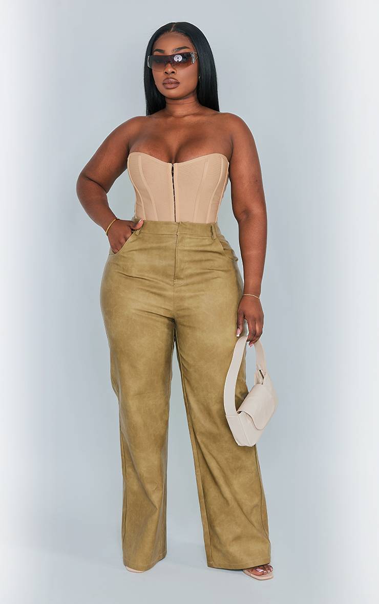Vert Olive Pantalon Grande Taille Droit En Synthétiquecuir Effet Délavé