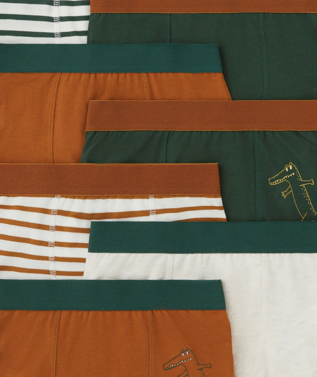 LOT DE 7 BOXERS GARÇON EN COTON BIO VERT ET OCRE