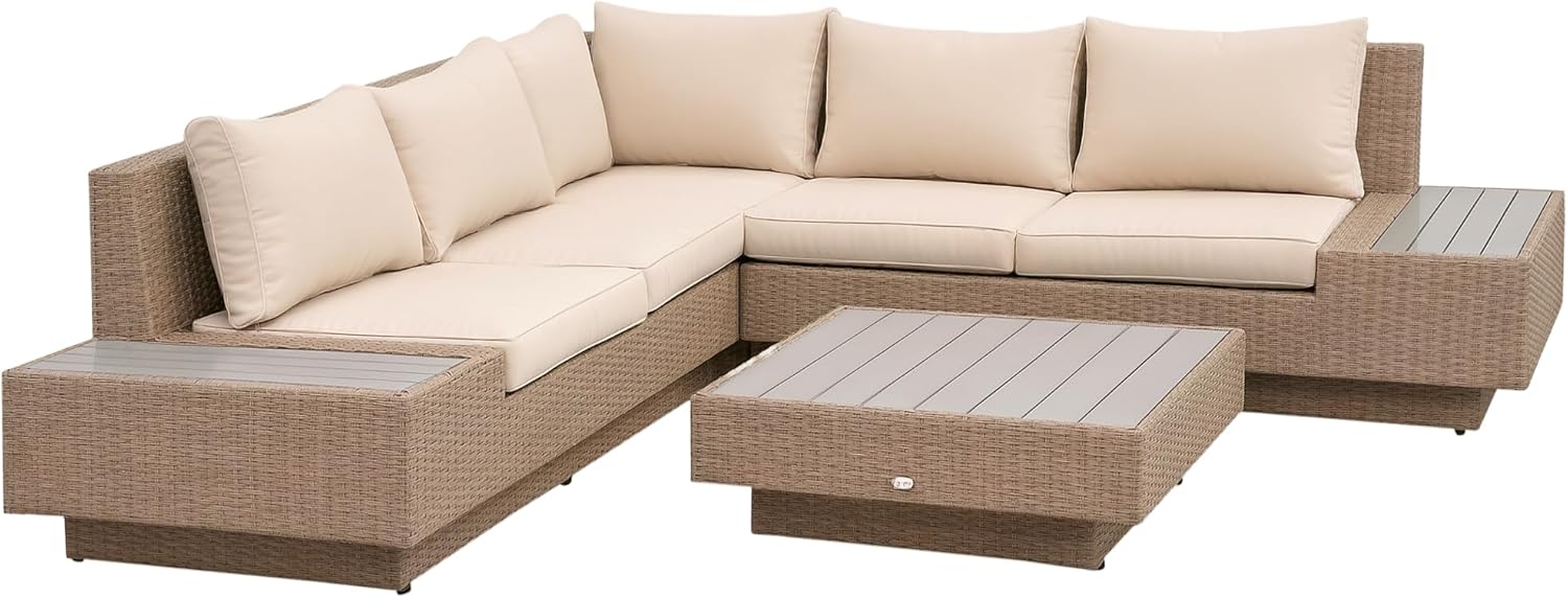 Outsunny 4-TLG. Luxus Polyrattan Gartengarnitur Gartenmöbel Garten-Set Sitzgruppe Loungeset Loungemöbel inkl. Ablagen und Beistelltisch Sitzkissen Braun