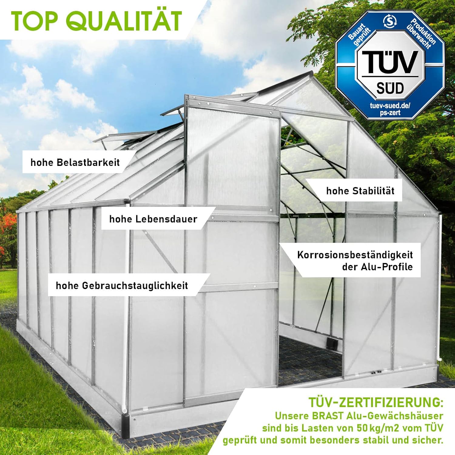 BRAST Gewächshaus Aluminium mit Fundament | 42 Modelle | 130x190x195cm - 490x250x235cm | TÜV geprüft | 6mm Hohlkammerplatten | rostfrei wetterfest temperaturbeständig | 380x250x205cm Silber