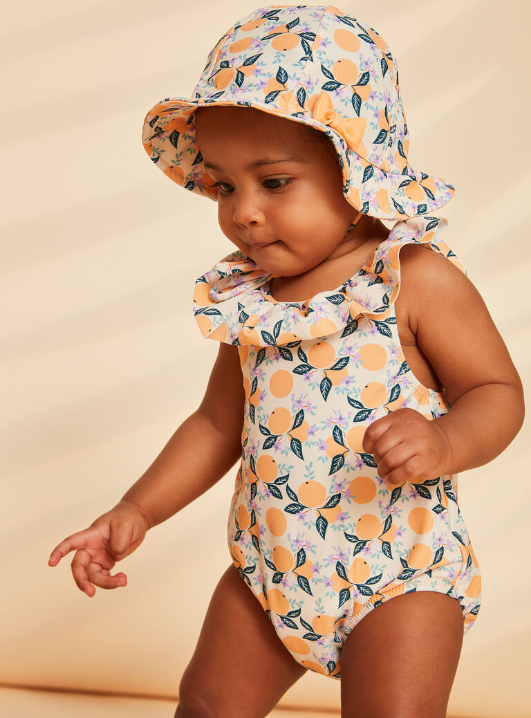 Maillot de bain 1 pièce orange et bleu à imprimé clémentines