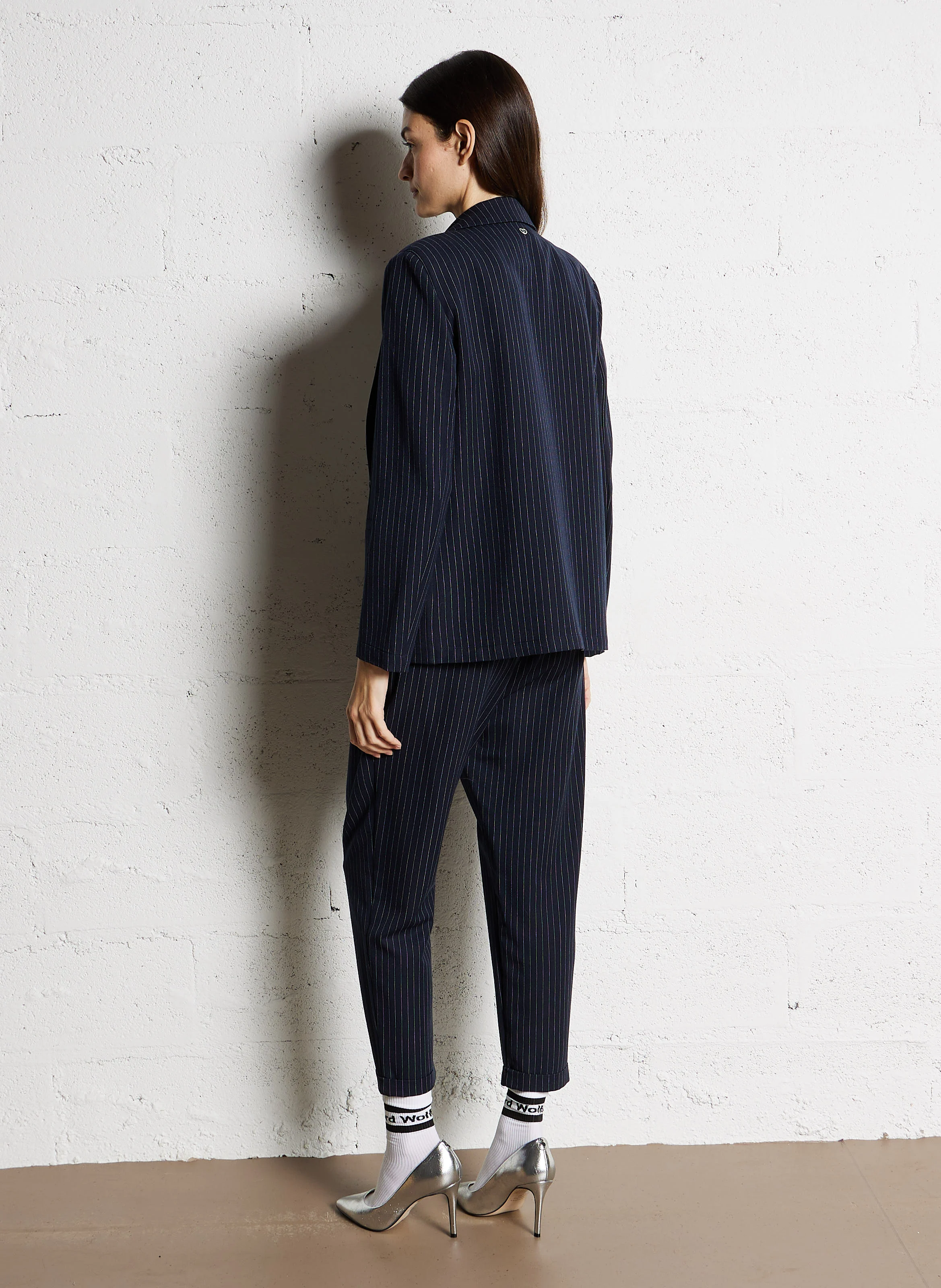 Blazer col tailleur droit à rayures | Bleu