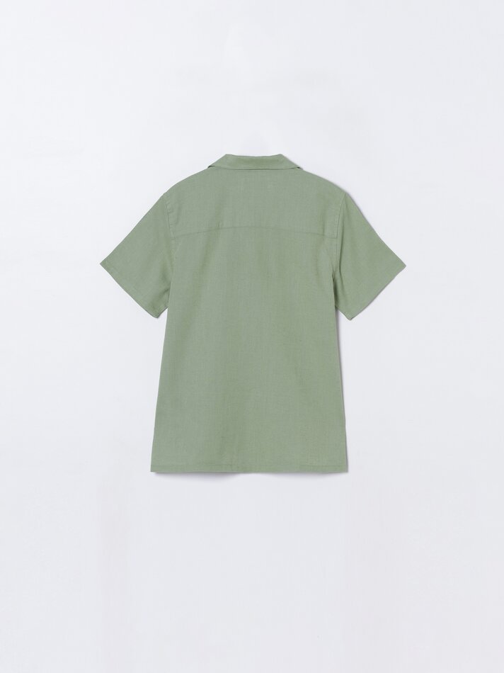 Camisa de manga curta em algodão e linho - Verde Lavado
