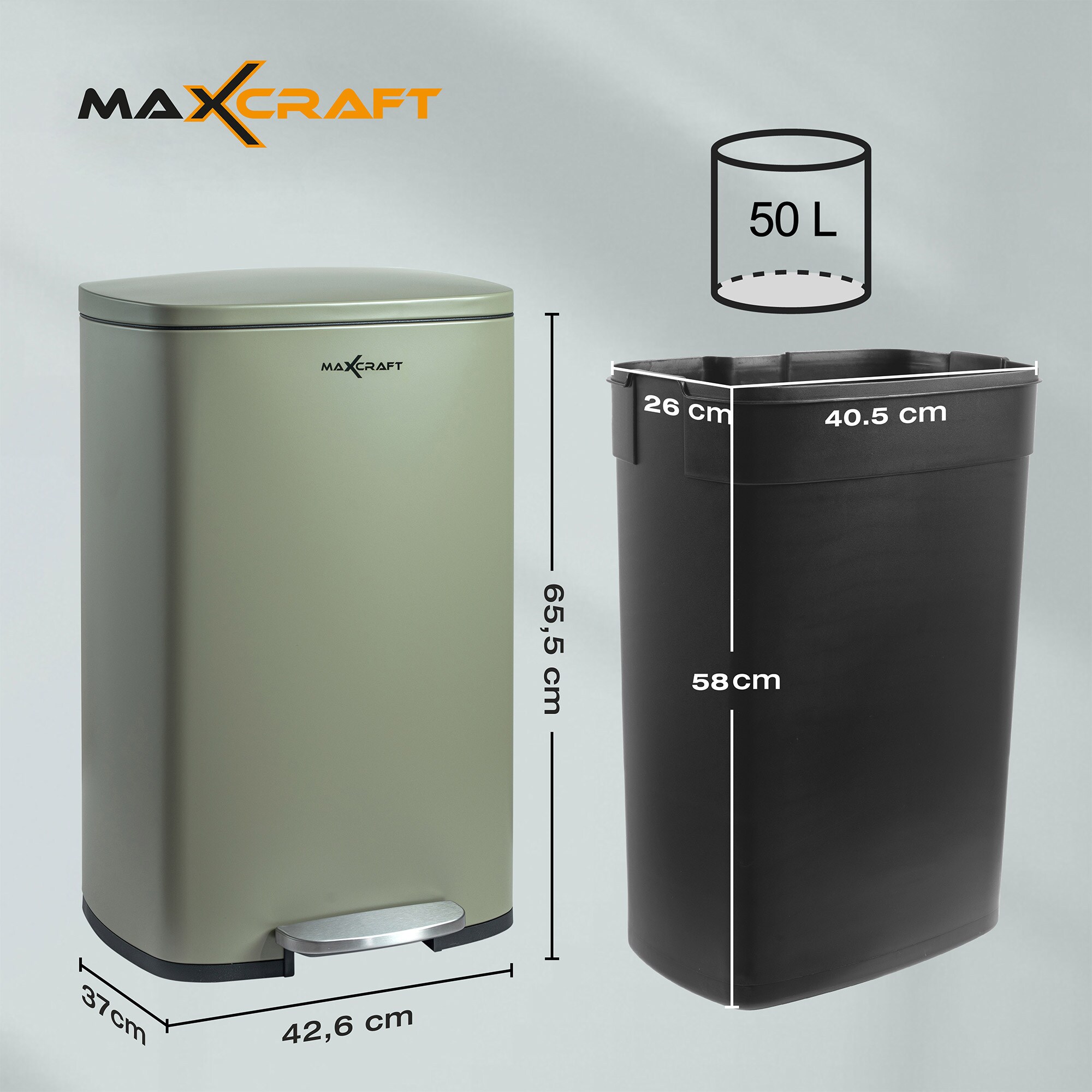 MAXCRAFT Mülleimer / Treteimer mit Soft Close Deckel - 50 Liter in Grün