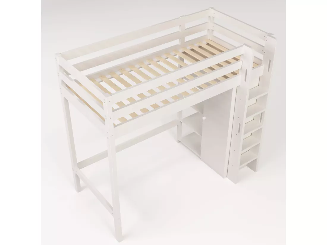 Lit mezzanine 90x200cm en bois massif - avec une armoire et étagères - Blanc