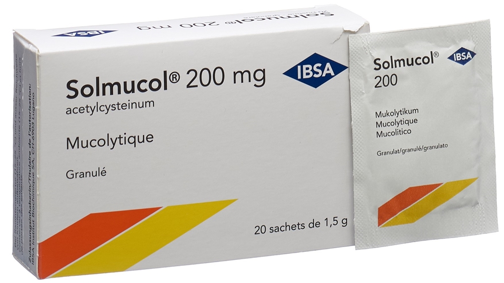 SOLMUCOL Gran 200 mg ohne Zucker Btl 1.5 g<br>20 × 1.5 g, Beutel, Granulat zur Herstellung einer Lösung zum Einnehmen, ohne Zucker