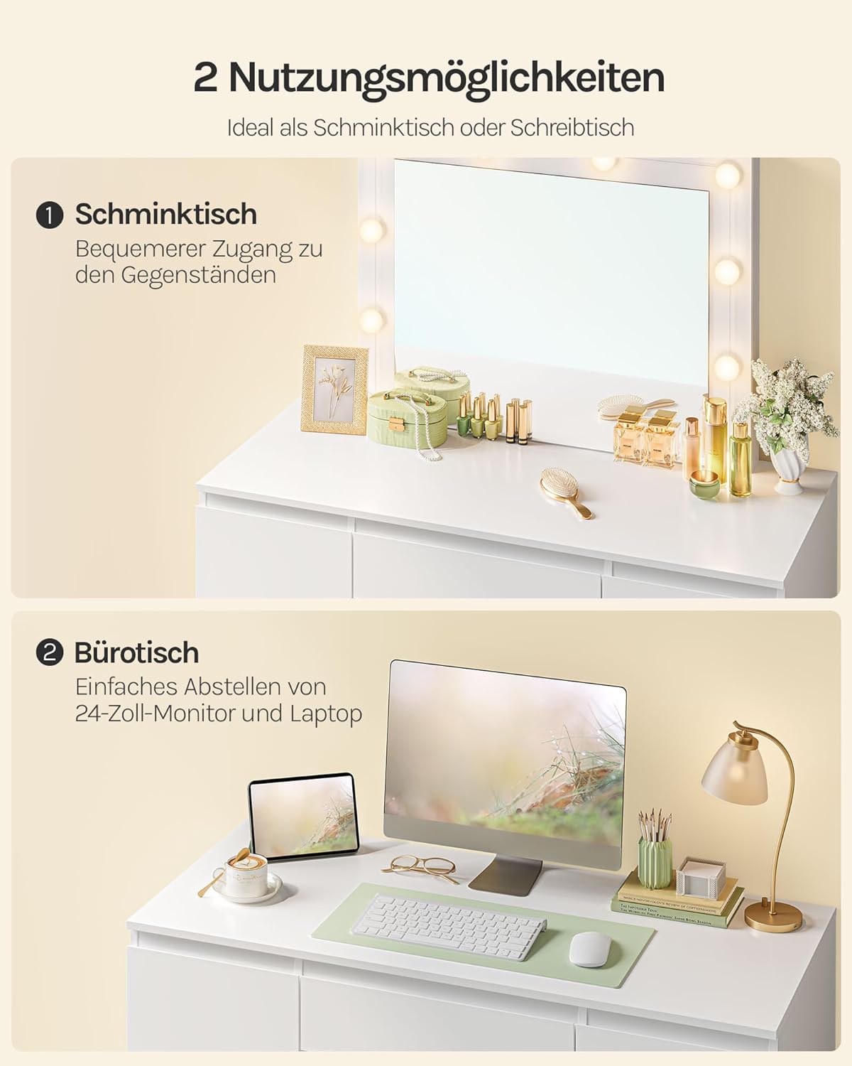 WOLTU Schminktisch mit LED-Beleuchtung, einstellbare Helligkeit, Kosmetiktisch mit großem Spiegel, Frisiertisch mit 7 Schubladen, 107x140,5x39,5 cm, für Schlafzimmer, Weiß