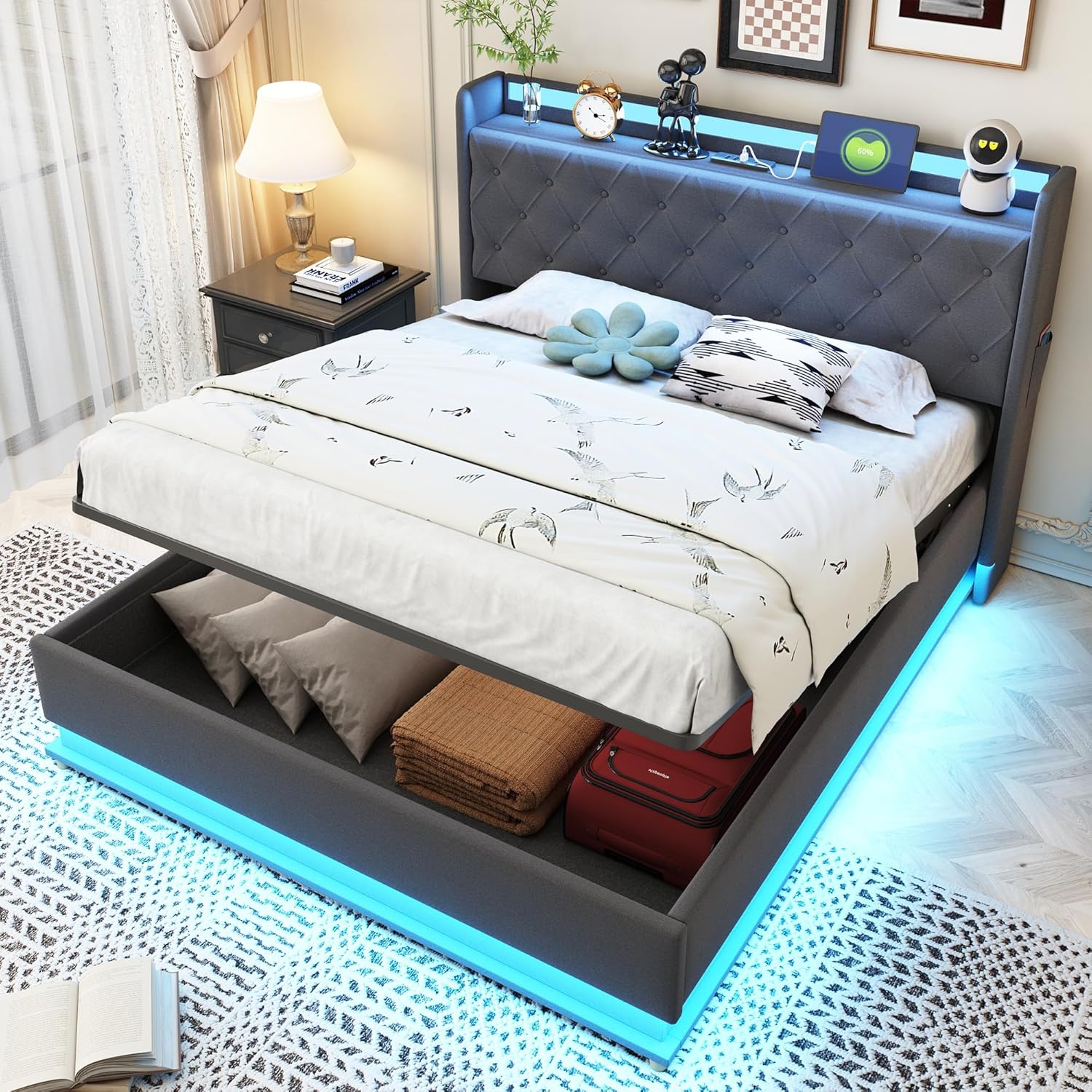 Polsterbett Doppelbett Bett 140x200 cm mit Stauraum und Kopfteil, Hydraulisches Stauraumbett mit USB und LED, Jugendbett Bettgestell mit Lattenrost, Leinen, Grau, Ohne Matratze