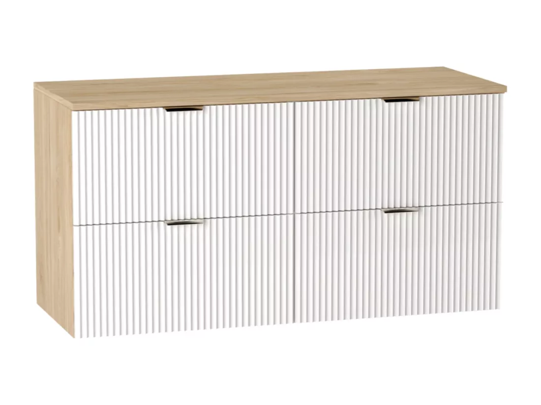 Meuble lavabo WENA, façades cannelées, Willy, 120x60x47 cm, Blanc/Noyer
