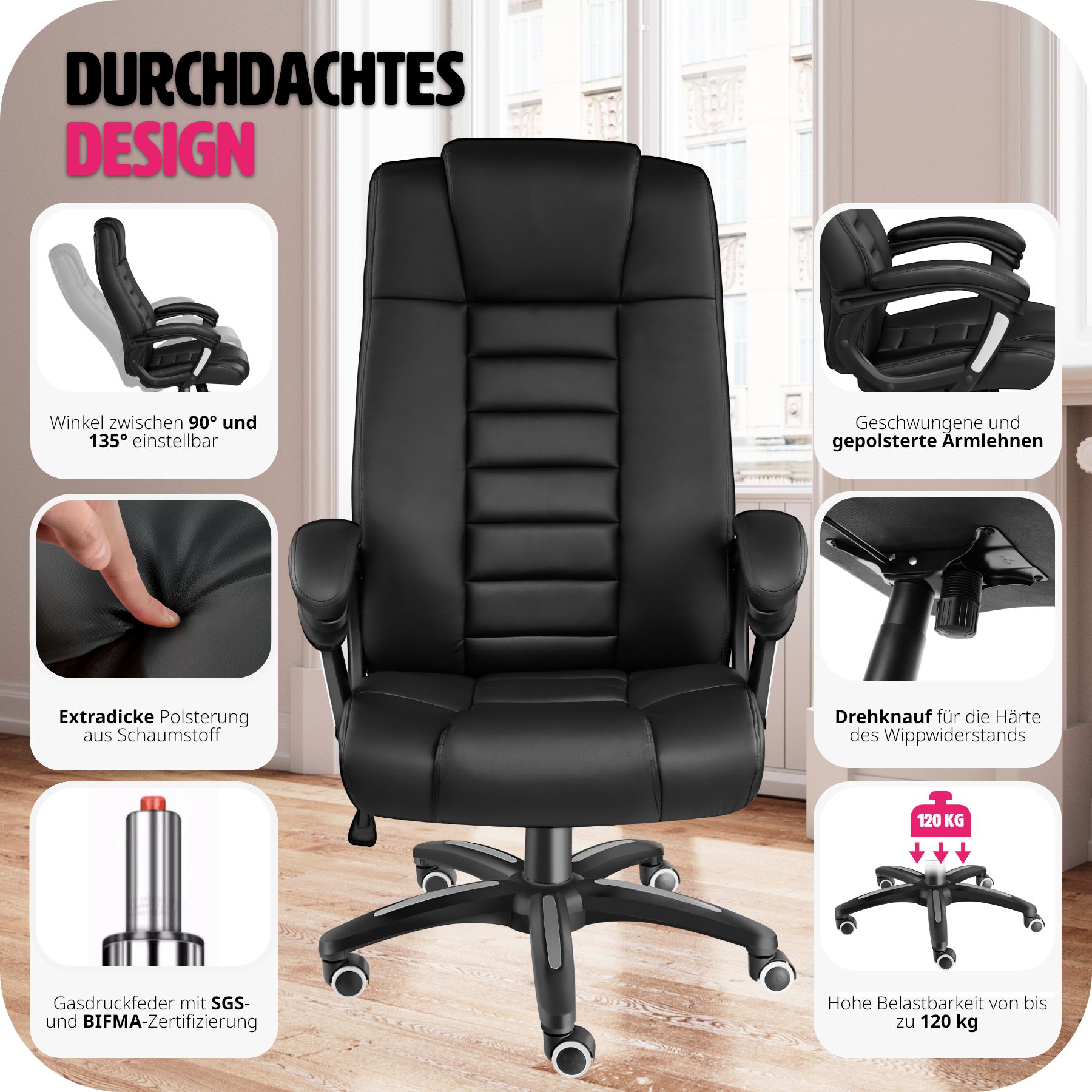 tectake® Bürostuhl, 360° drehbar und stufenlos höhenverstellbar, dicke Polsterung mit Kunstlederbezug, einstellbare Wippfunktion