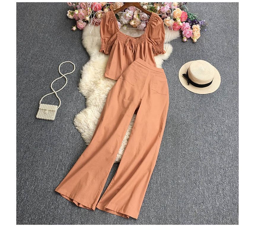 Dudu - Set: Top met pofmouwen, vierkante hals, effen smokwerk en strik aan de voorkant + broek met hoge taille en wijde pijpen