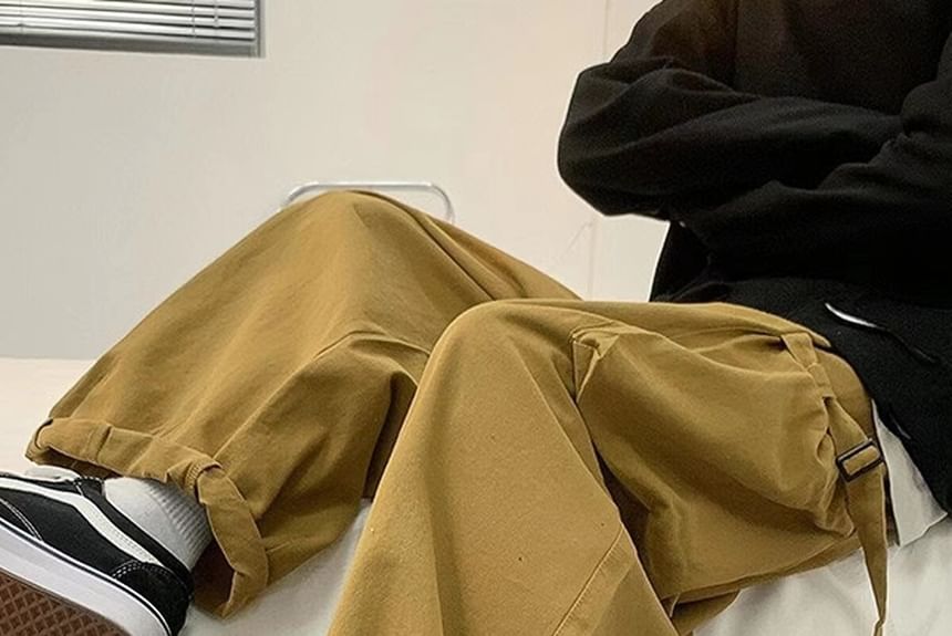 emeisa - Mid Rise Plain Cropped Wide Leg Cargo Pants