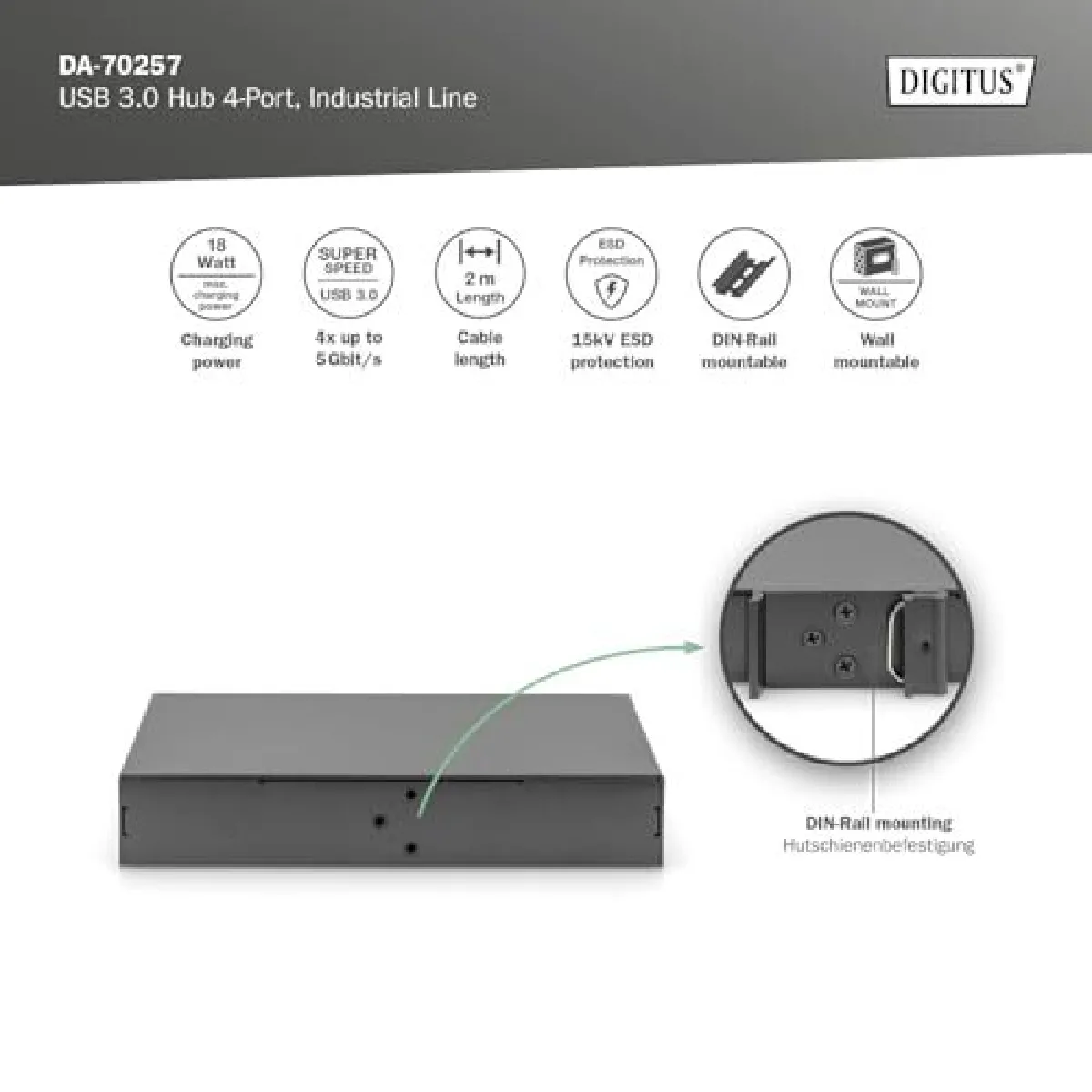 Digitus Hub USB 4 Ports Indust. USB 3.0 - Noir