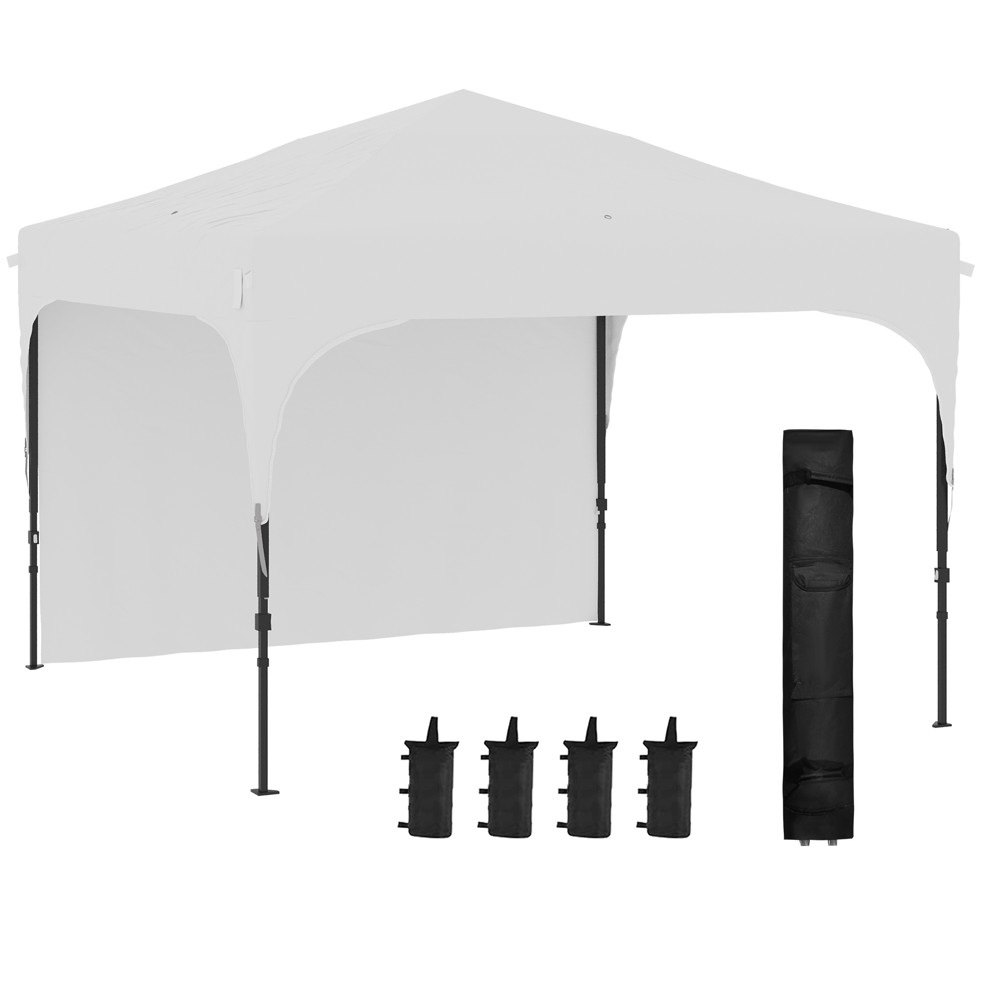 Tenda dobrável Outsunny 3x3m para jardim, com altura ajustável, 1 parede lateral impermeável, 4 sacos de areia e bolsa de transporte para festas ao ar livre no pátio, branca.