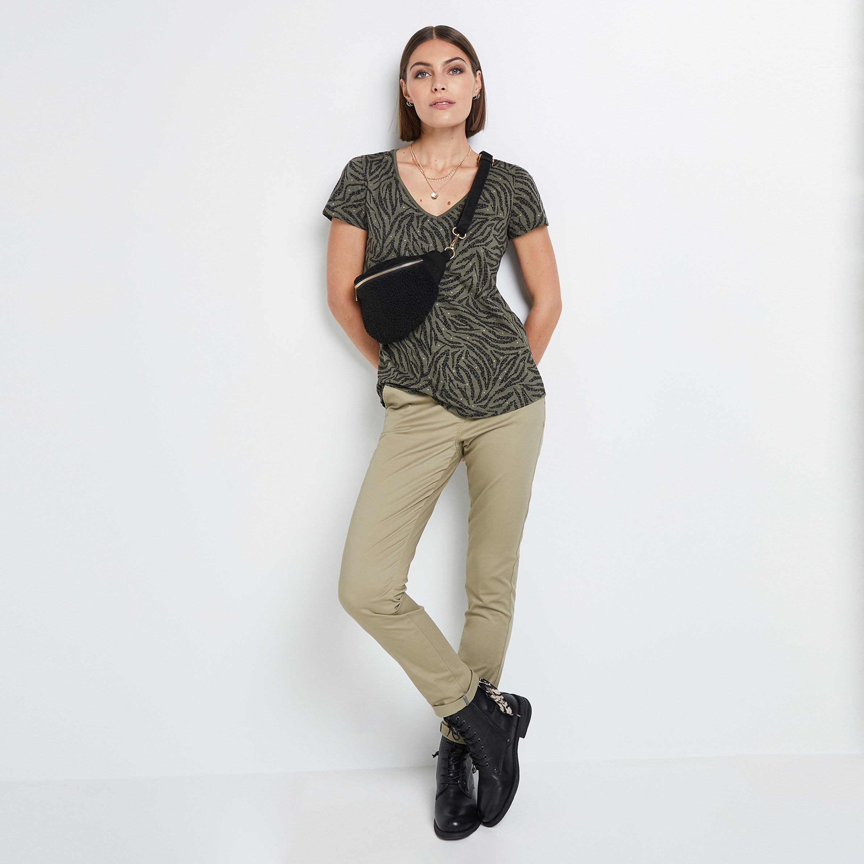 Pantalon chino avec ceinture femme - KAKI