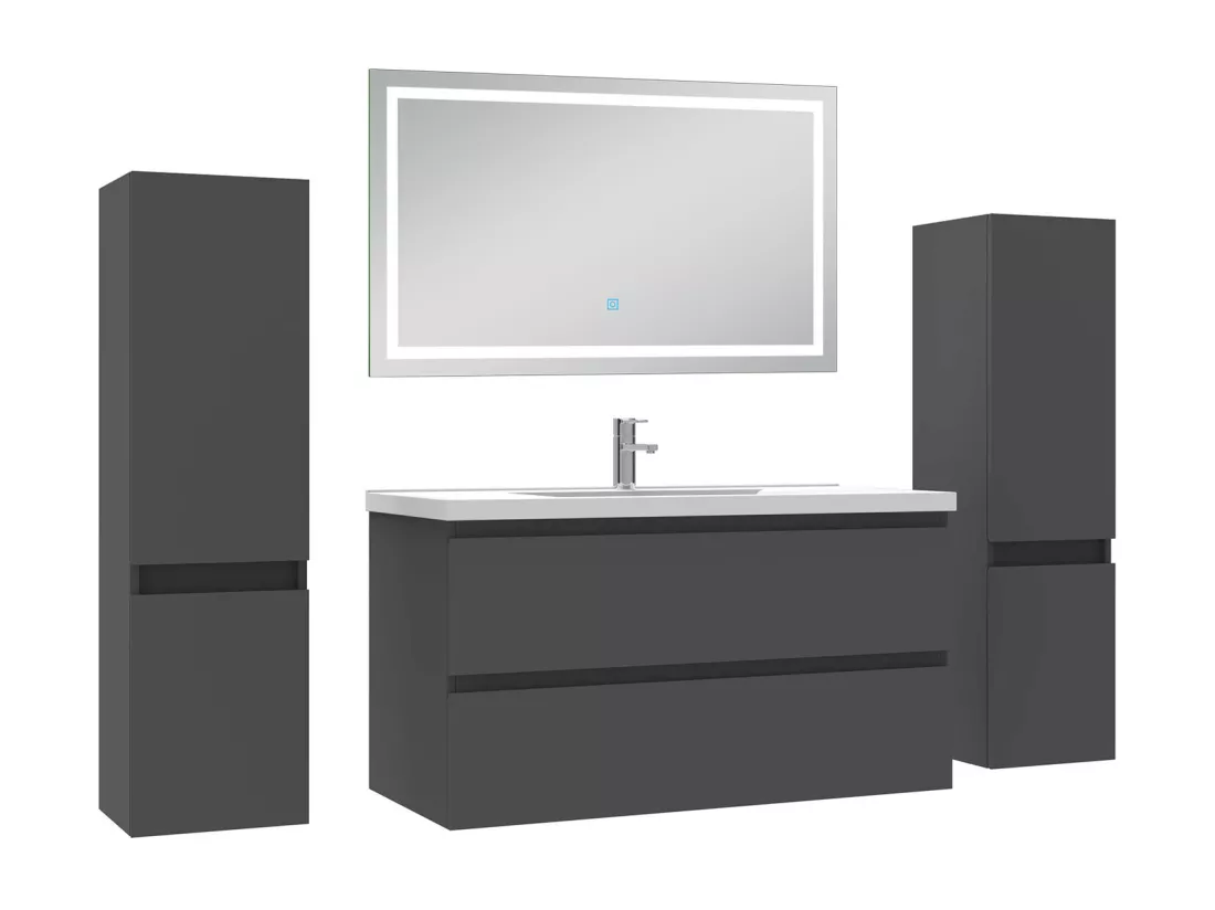 Ensemble meubles Salle de Bain 100cm avec colonne et miroir lumineux 3 couleurs Anthracite