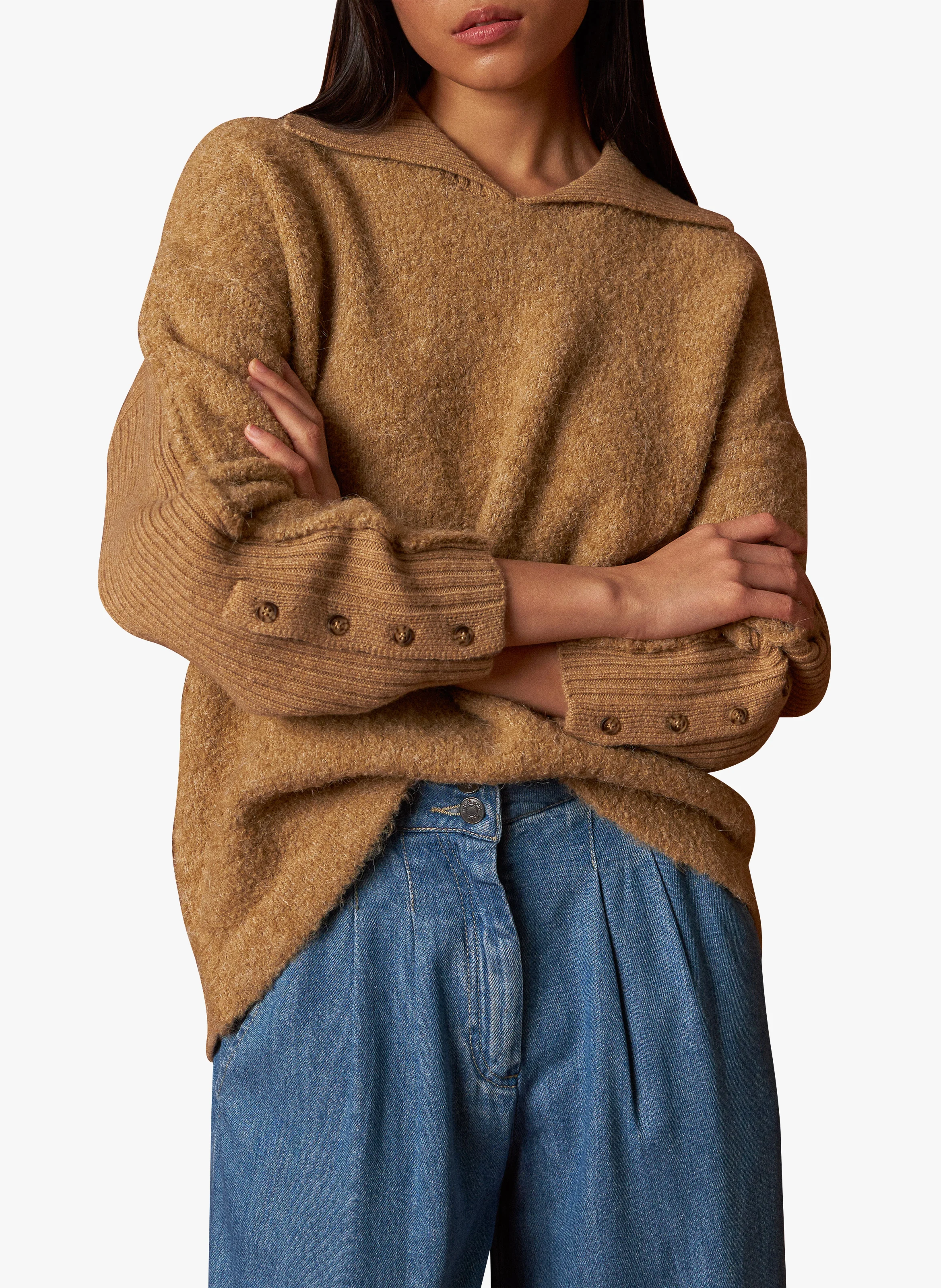 Pull col à revers en laine mélangée | Beige