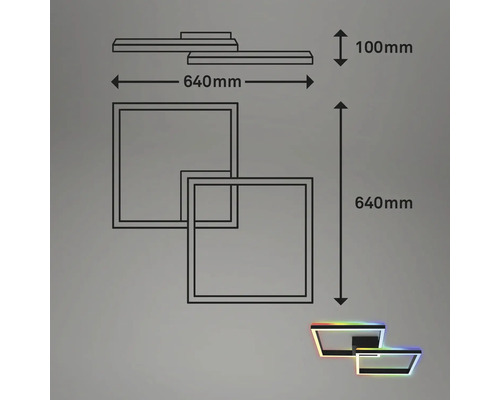 Dimbare LED-plafondlamp, 2 x 17 W, 1900 lm, 2700 K-6500 K CCT RGB, 64 x 64 cm, zwart, met nachtlampfunctie, geheugenfunctie en afstandsbediening.