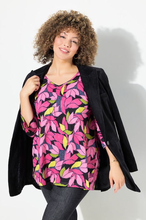 Shirt, Blätter, A-Linie, V-Ausschnitt, 3/4-Arm