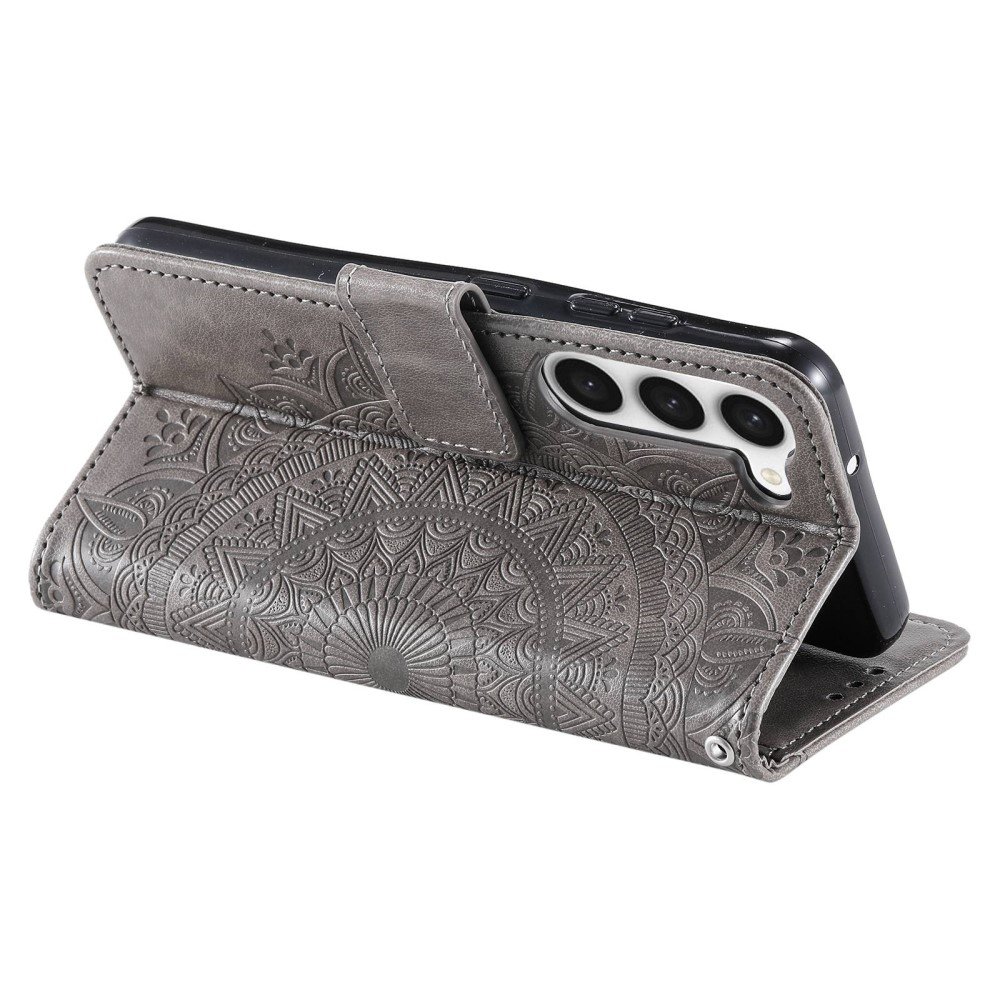 Samsung Galaxy S23 5G Leder Tasche Wallet - Mandala Flowers Imprint - Grau