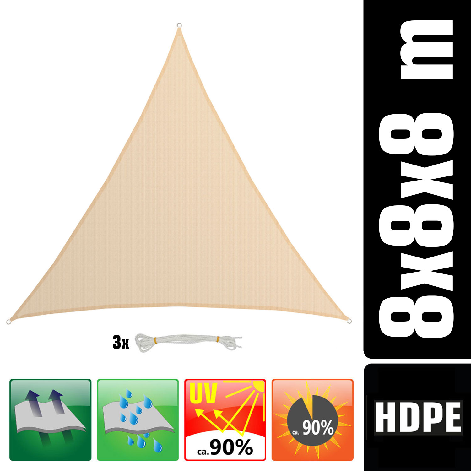 AMANKA 8x8x8m beige HDPE waterdoorlatend schaduwdoek