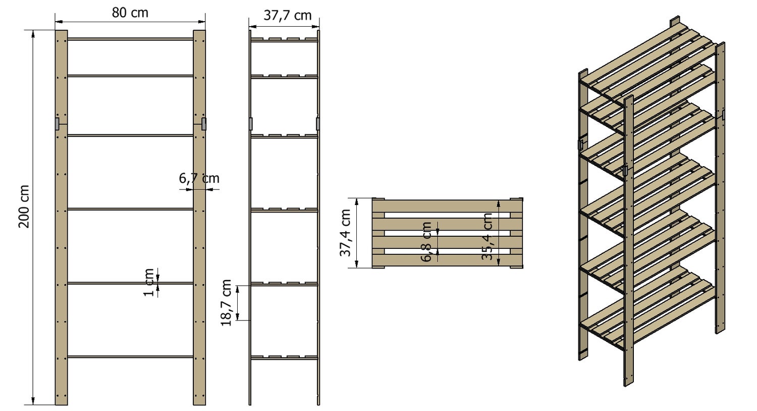 PROREGAL Pinepeak Houten Plank HxBxD 200 x 80 x 38 cm 6 Planken 1,2 cm Dik Dennenhout Grijs