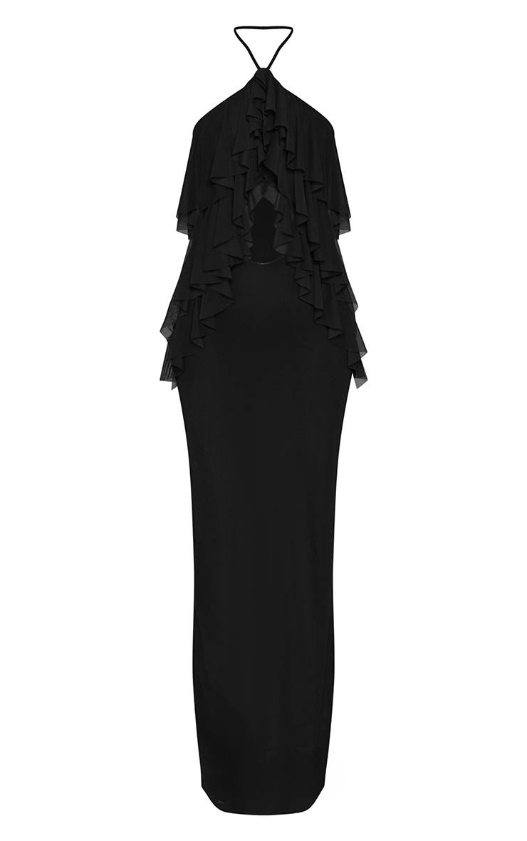 Rouge Robe Longue À Volants En Mesh Noir Avec Col Montant