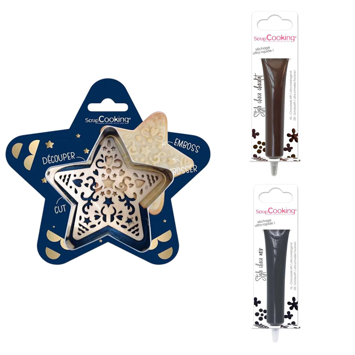 Kit pour biscuit en relief Étoile + 2 Stylos au chocolat marron et noi