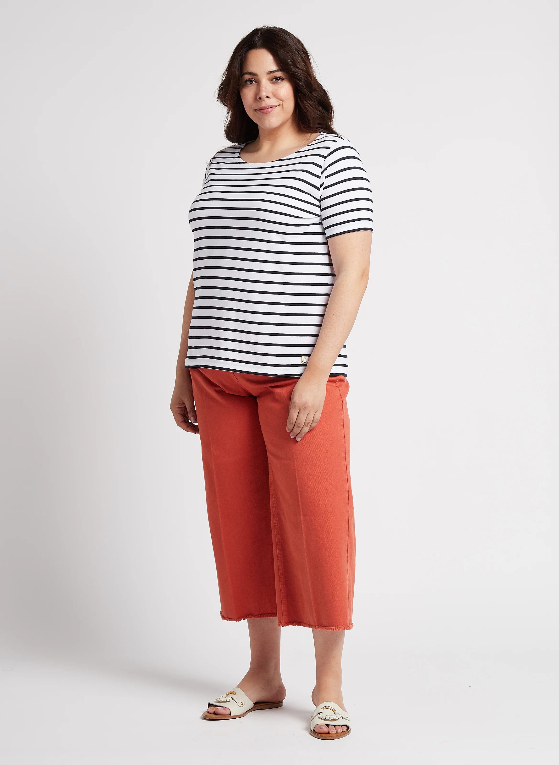 Tee-shirt col bateau rayé en coton léger | Blanc