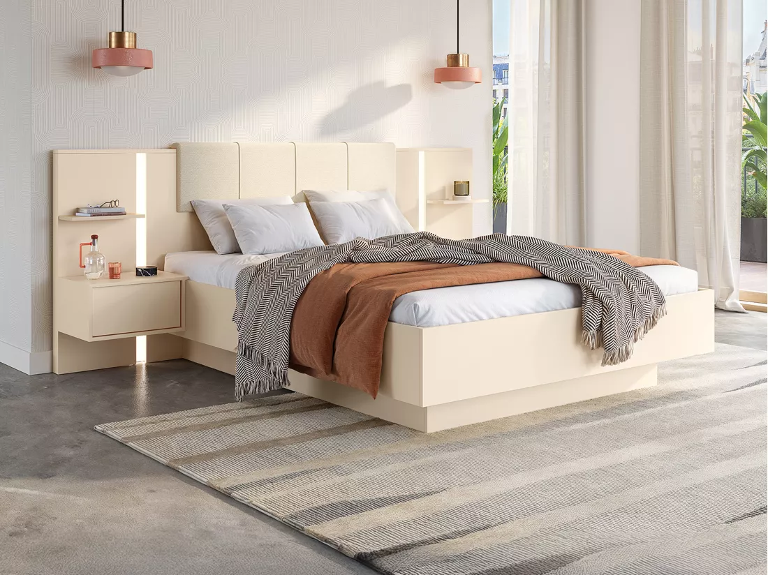Lit coffre avec chevets 160 x 200 cm - Avec LEDs - Coloris : Beige + Matelas - ELYNIA