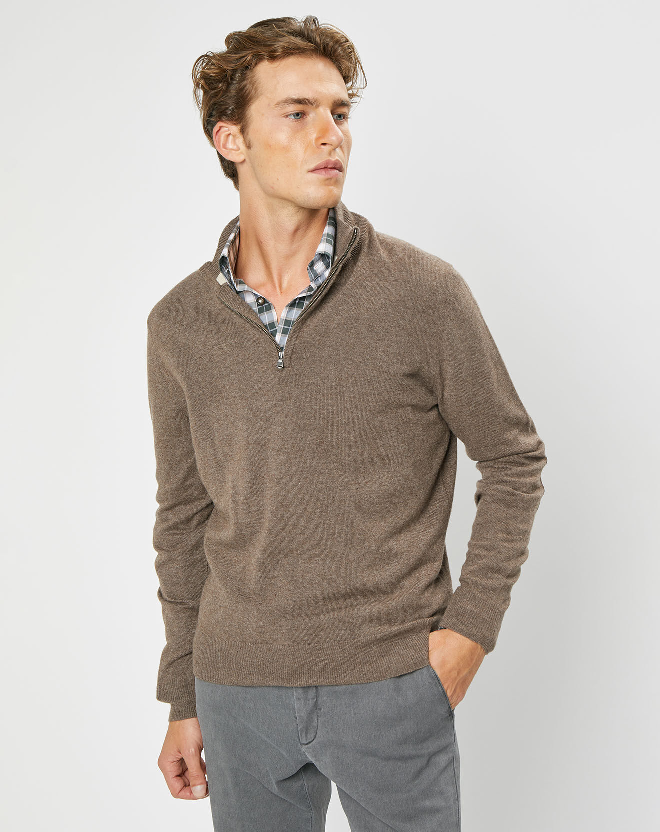 Hackett London Pull en Laine & Cachemire mélangés Zippé  Chiné marron clair